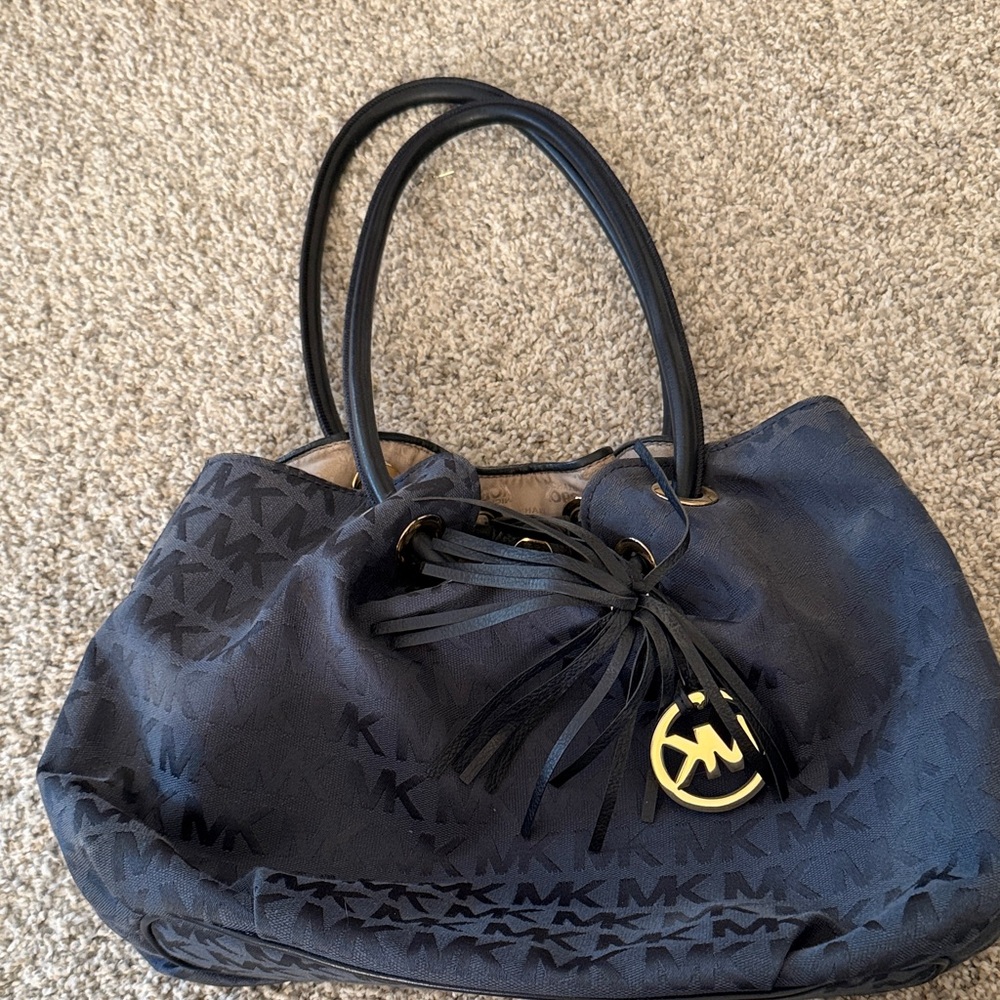 Michael Kors Blue Canvas Leather MK Printed D-Ring Handles Shoulder Bag